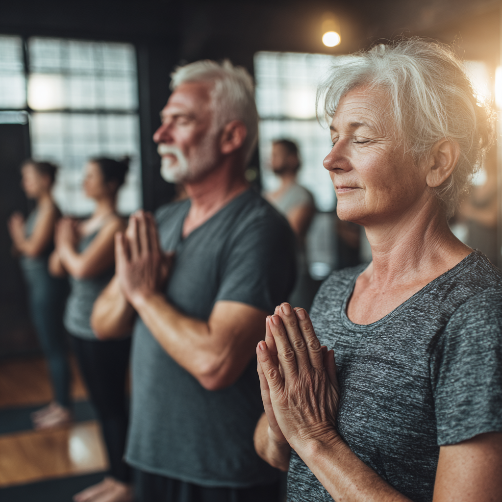 Middle-aged adults practicing gentle yoga poses for mobility and flexibility